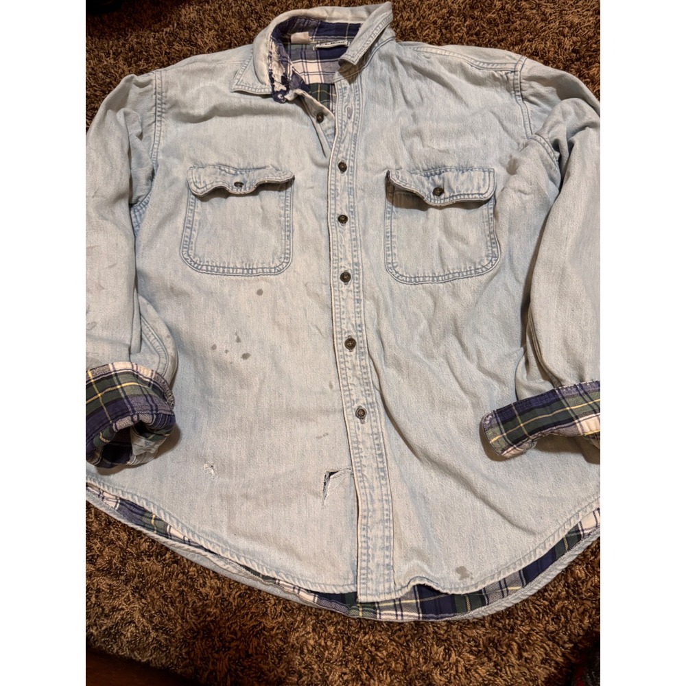 LL Bean Mens Large Vintage Flannel Lined Denim Shirt Light Wash Distressed